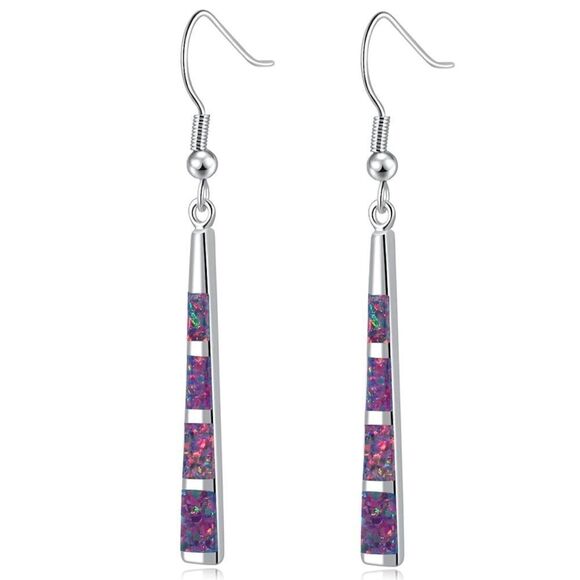 14K White Gold with Genuine Black Fire Opal Dangling Hook Tapered Bar Earrings